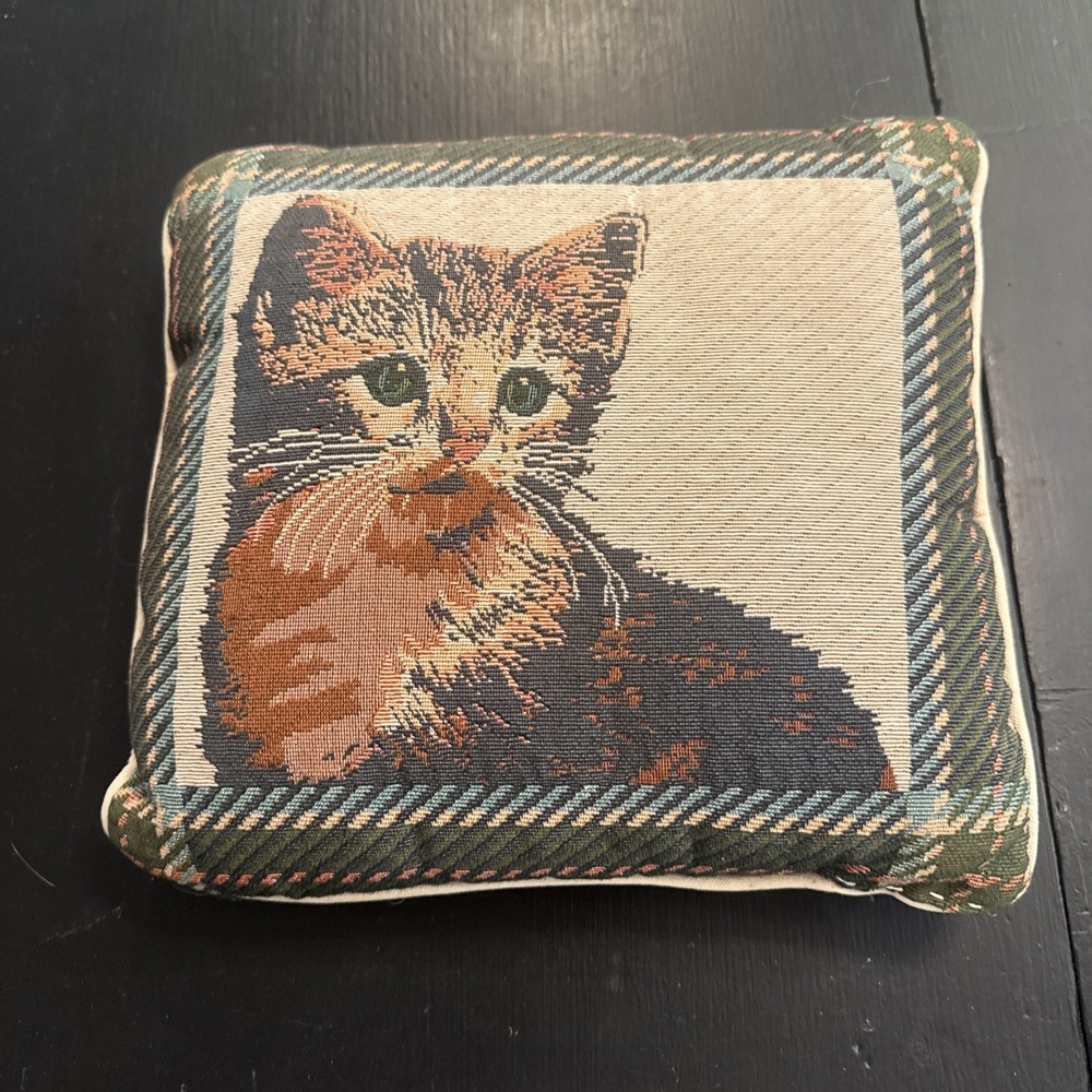 Tapestry Kitten Accent Pillow Small 10x10 Ginger Tabby Cat Plaid Border‎ Vintage